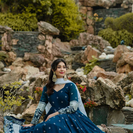 Rivasha Fashion Women Faux Blooming with Heavy 3/5mm Sequins + thread Embroidery Anarkali Gown With Dupatta And Pant - Navy Blue