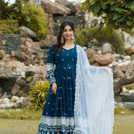 Rivasha Fashion Women Faux Blooming with Heavy 3/5mm Sequins + thread Embroidery Anarkali Gown With Dupatta And Pant - Navy Blue