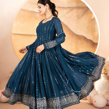 Rivasha Fashion Women Faux Blooming with Heavy 3/5mm Sequins + thread Embroidery Anarkali Gown With Dupatta And Pant - Rama Blue