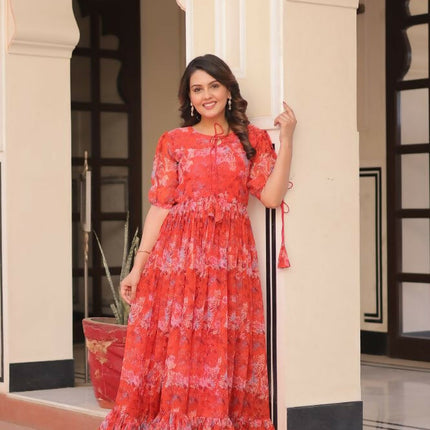 Aastha Fashion Red Faux Georgette Printed Party Wear Designer Gown