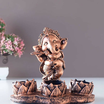 Golden Peacock Brown Ganesha Diya Holder