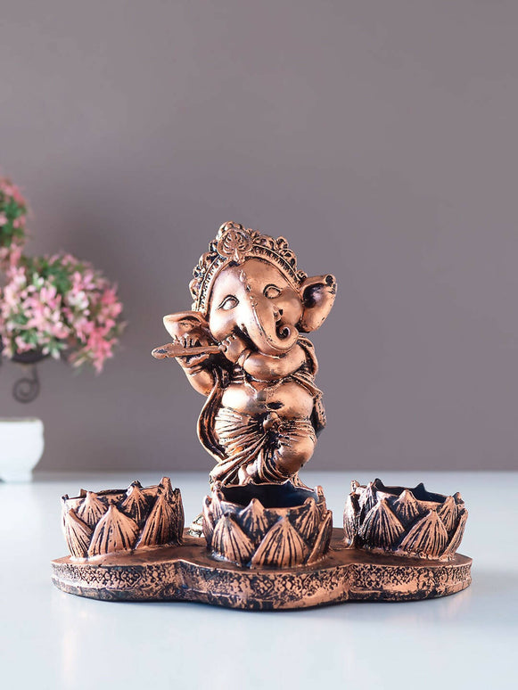 Golden Peacock Brown Ganesha Diya Holder