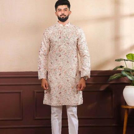 Beige Art Silk Digital Printed, Embroidery Work Kurta Set - Mahotsav