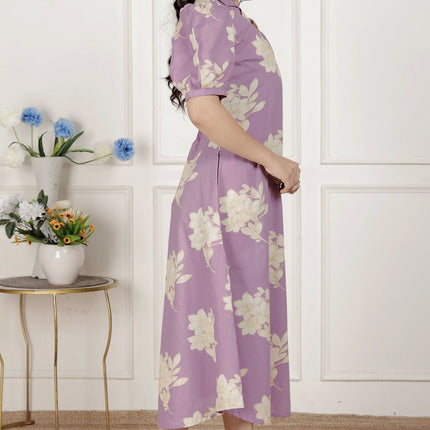 Miravan Womens Lavender Floral Printed A-Line Maxi Dress