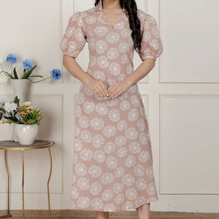 Miravan Womens Puff Sleeve Cheeku Pure Cotton Printed Maxi Dress