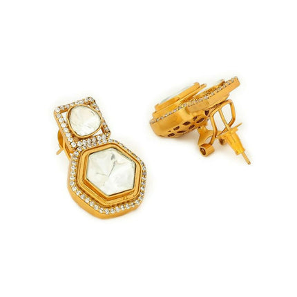 square kundan earrings with hexagon drop - Ruby Raang