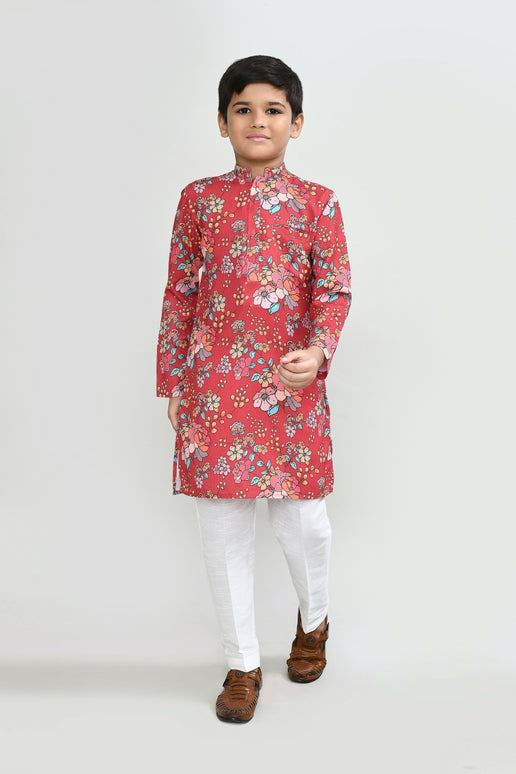 Joban Fashion Cotton Silk Red Kurta With Straight Fit Pant