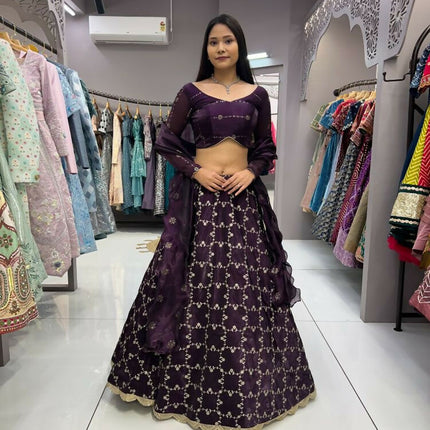 Aastha Fashion Wine Heavy Jimmy Choo Heavy Embroidery Zari +Sequence + Coding Lace Semi Stitched Wedding Wear Lehenga Choli