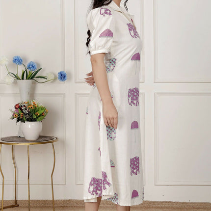 Miravan Womens Flex Cotton Short Sleeve Off White Animal Print A-Line Maxi Dress