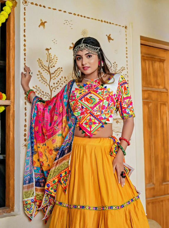 Aastha Fashion Yellow Rayon Ready Mirror Lace Semi Stitched Wedding Wear Lehenga Choli