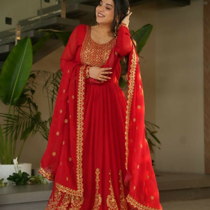 Aastha Fashion Red Faux Blooming Embroidery Zari Sequins-work Party Wear Designer Gown