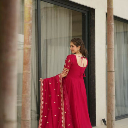 Aastha Fashion Pink Vichitra Silk Sequins-Multi & Zari Embroidered Work Party Wear Designer Gown