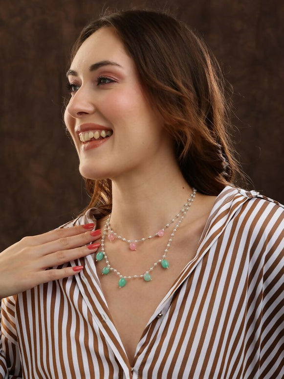 Beaded Green and Pink Motif Necklace - Ruby Raang