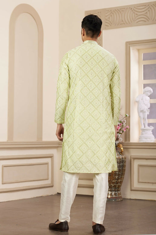 Raivat Ethnic Men's Art Silk Thread Work Kurta Pyjama In Green Colour