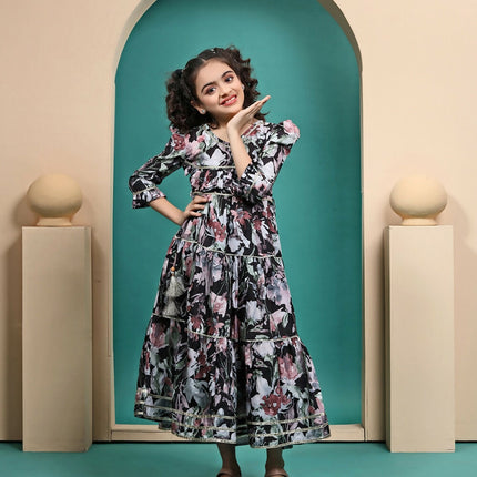 Divine Drape Girls Muslin Black Printed Kids Anarkali Gown