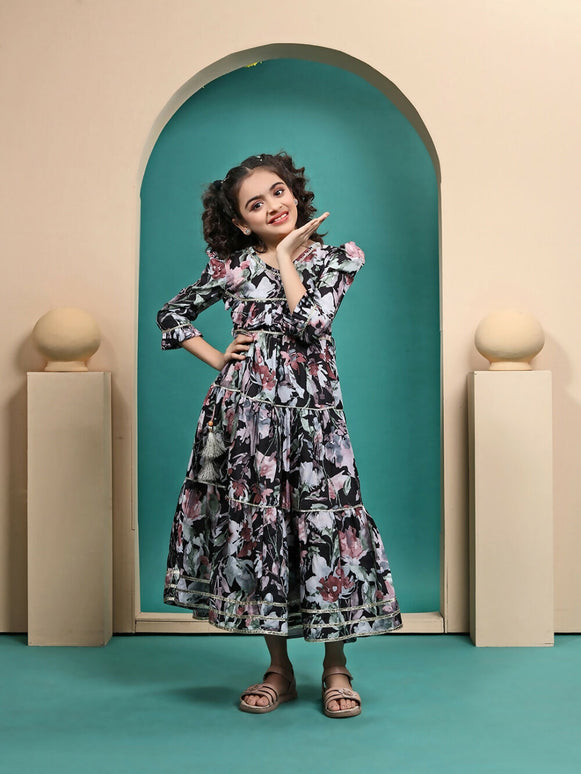 Divine Drape Girls Muslin Black Printed Kids Anarkali Gown