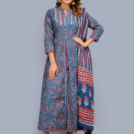 Shehnai Blue Anarkali Double Dress With Matching Printed Dupatta