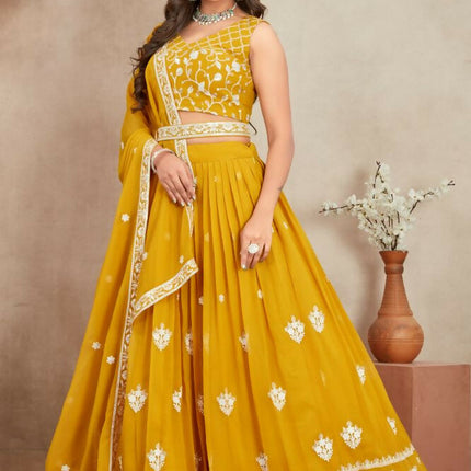 Aastha Fashion Mustard Yellow Heavy Georgette Embroidery Thread + Sequence Work Semi Stitched Wedding Wear Lehenga Choli