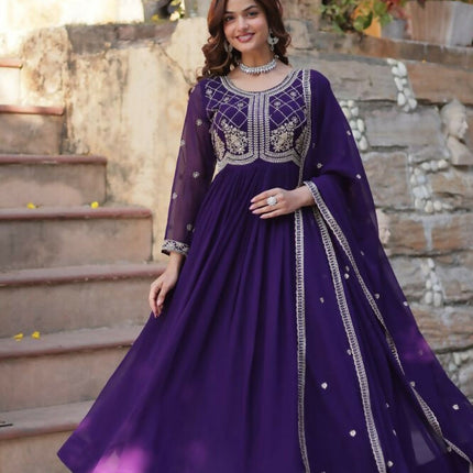 Aastha Fashion Purple Faux Blooming Sequins-Multi & Beads Embroidered Work Party Wear Designer Gown