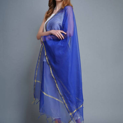 Shehnaai Chanderi Silk Dupatta In Blue Colour With A Golden Woven Border