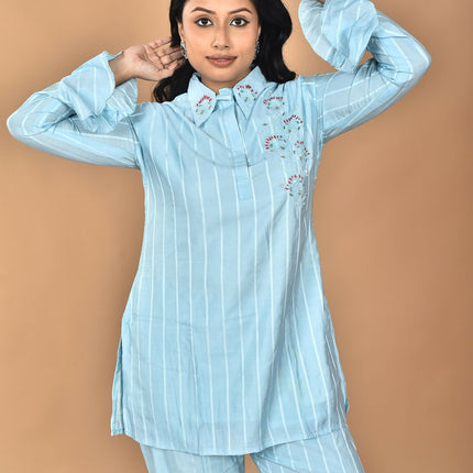 Morchari Women And Hand Embroidery Co-Ords-Sky Blue