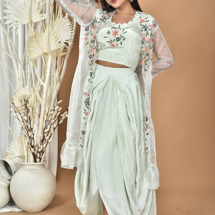 Morchari Women Hand Embroidery Crop Top-Sea Green