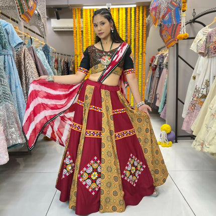 Aastha Fashion Maroon Maslin / Rayon Heavy Print + Gamthi Work Lace + Patch Semi Stitched Wedding Wear Lehenga Choli