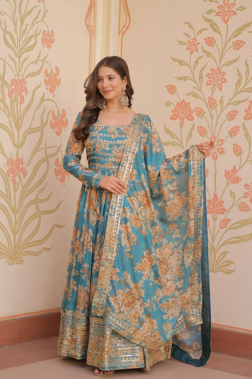 Aastha Fashion Rama Russian Silk Digital Print With Embroidered Sequins Work Party Wear Designer Gown