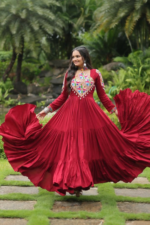 Aastha Fashion Maroon 14 kg Reyon Kutchi Gamthi Work Party Wear Designer Gown