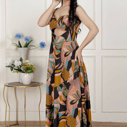 Miravan Womens Black Pure Cotton Floral Printed Sleeveless Cut Out Detail Western Dress