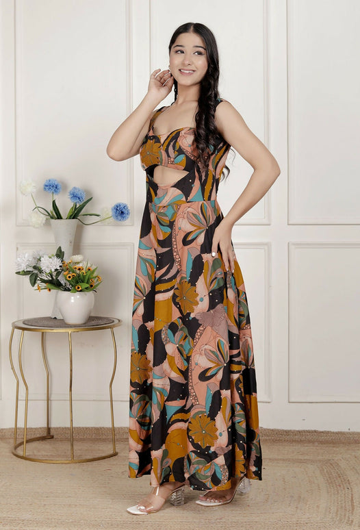 Miravan Womens Black Pure Cotton Floral Printed Sleeveless Cut Out Detail Western Dress