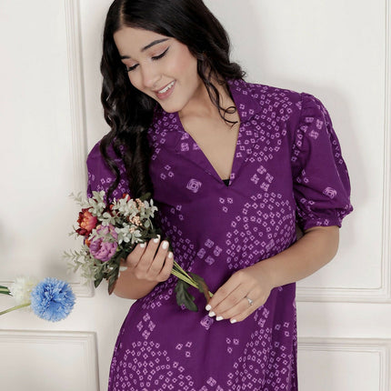 Miravan Womens Purple Bandhani Printed A-Line Maxi Dress