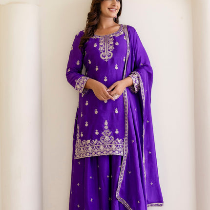 Lehenga Mart Designer Chinon Ready to wear Kurta Palazzo Dupatta for Women - Purple