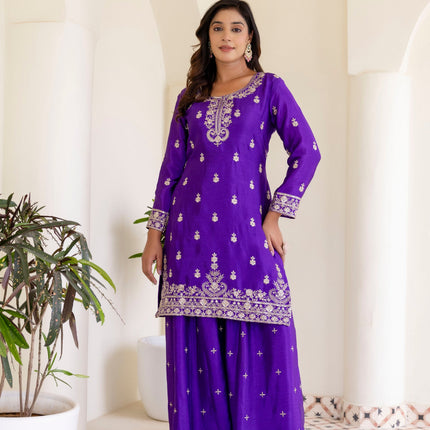 Lehenga Mart Designer Chinon Ready to wear Kurta Palazzo Dupatta for Women - Purple