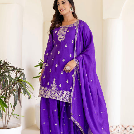 Lehenga Mart Designer Chinon Ready to wear Kurta Palazzo Dupatta for Women - Purple