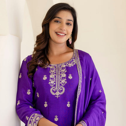 Lehenga Mart Designer Chinon Ready to wear Kurta Palazzo Dupatta for Women - Purple
