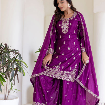 Lehenga Mart Designer Chinon Ready to wear Kurta Palazzo Dupatta for Women - Wine