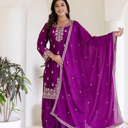 Lehenga Mart Designer Chinon Ready to wear Kurta Palazzo Dupatta for Women - Wine