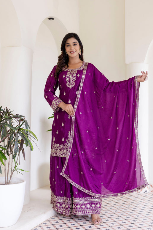 Lehenga Mart Designer Chinon Ready to wear Kurta Palazzo Dupatta for Women - Wine