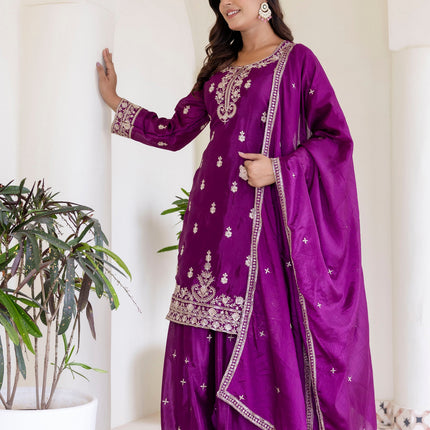 Lehenga Mart Designer Chinon Ready to wear Kurta Palazzo Dupatta for Women - Wine