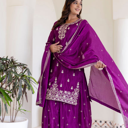 Lehenga Mart Designer Chinon Ready to wear Kurta Palazzo Dupatta for Women - Wine