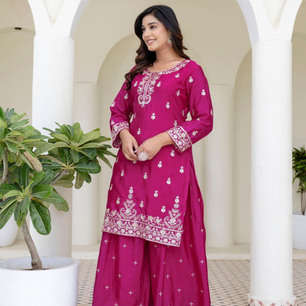 Lehenga Mart Designer Chinon Ready to wear Kurta Palazzo Dupatta for Women - Pink