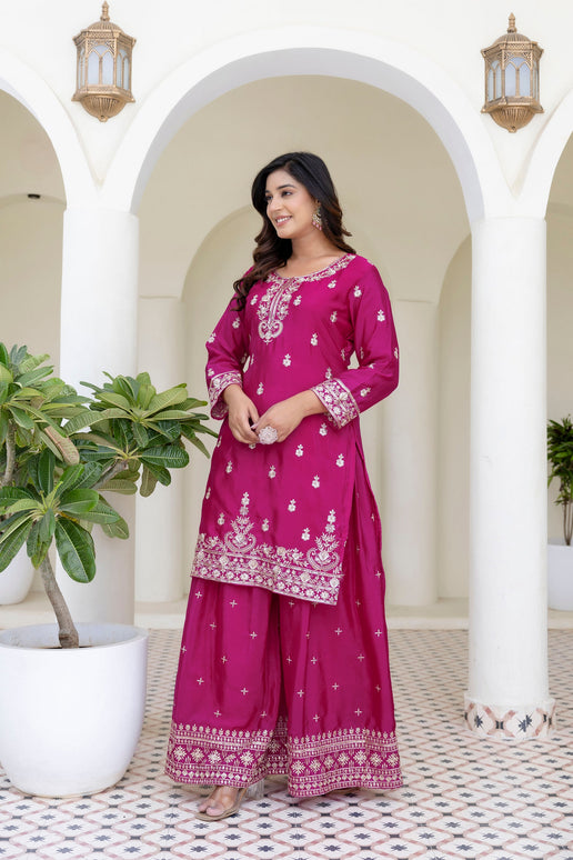 Lehenga Mart Designer Chinon Ready to wear Kurta Palazzo Dupatta for Women - Pink