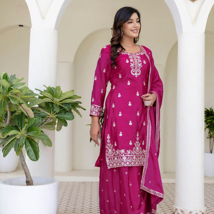 Lehenga Mart Designer Chinon Ready to wear Kurta Palazzo Dupatta for Women - Pink