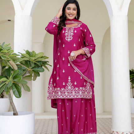 Lehenga Mart Designer Chinon Ready to wear Kurta Palazzo Dupatta for Women - Pink