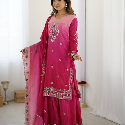 Lehenga Mart Designer Chinon Sharara Suit Dupatta for Women - pink