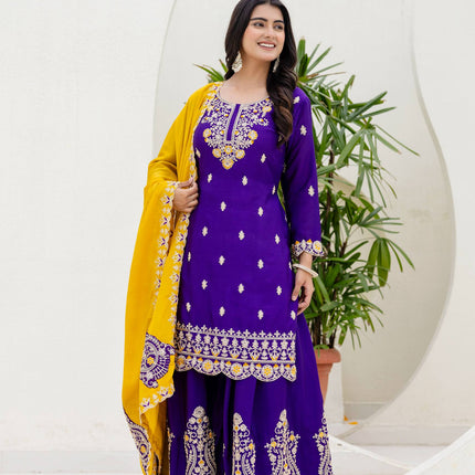 Lehenga Mart Designer Chinon Ready to wear Kurta Palazzo Dupatta for Women - Purple