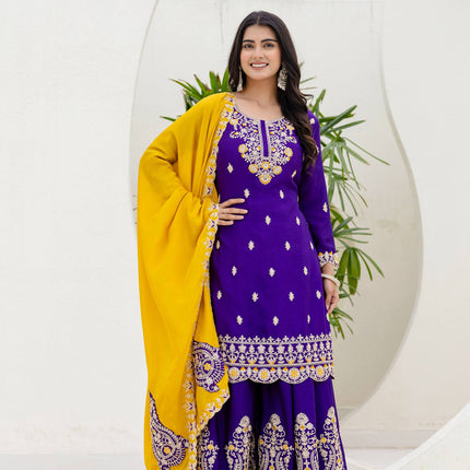 Lehenga Mart Designer Chinon Ready to wear Kurta Palazzo Dupatta for Women - Purple