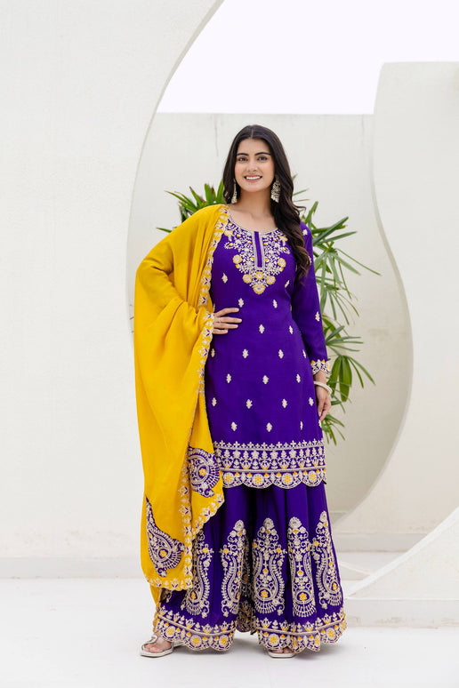 Lehenga Mart Designer Chinon Ready to wear Kurta Palazzo Dupatta for Women - Purple