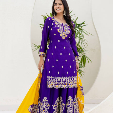 Lehenga Mart Designer Chinon Ready to wear Kurta Palazzo Dupatta for Women - Purple